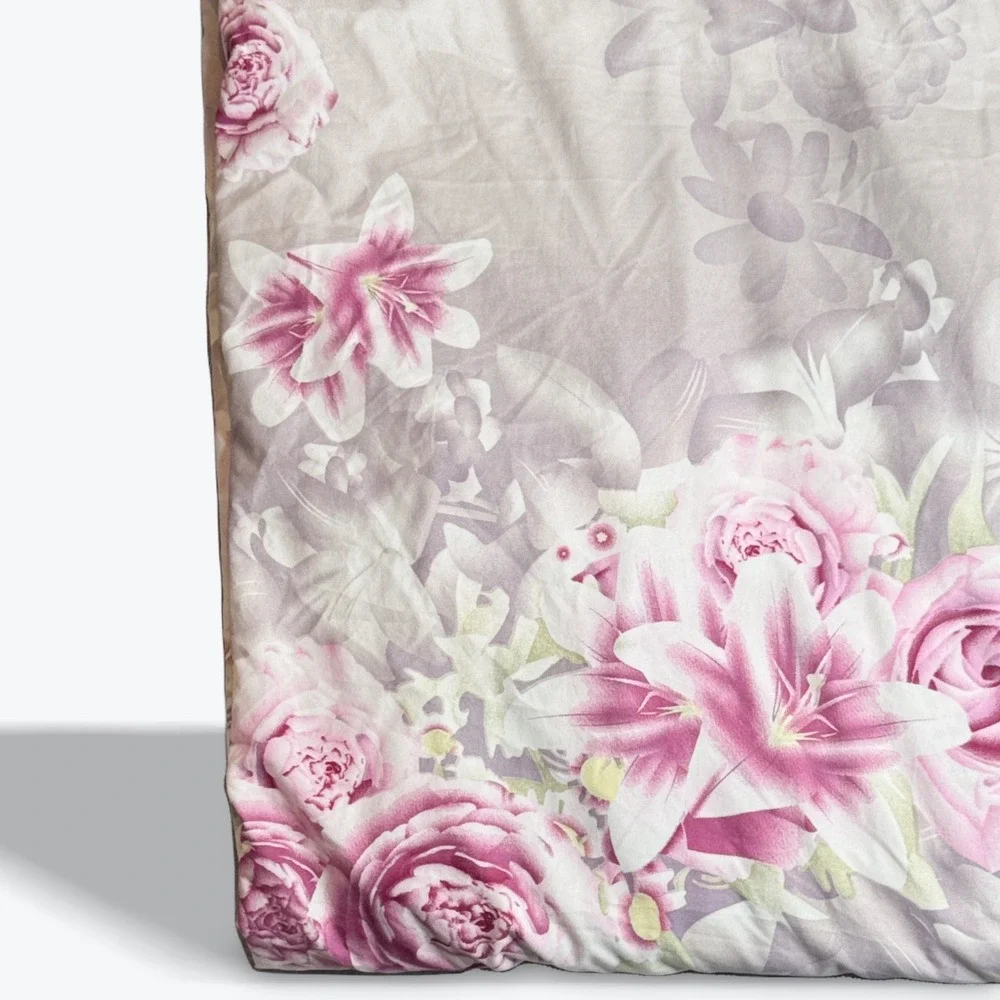 Queen‎ Duvet Cover Floral Gray Pink Roses Lilies Decorative Luxury Bedding